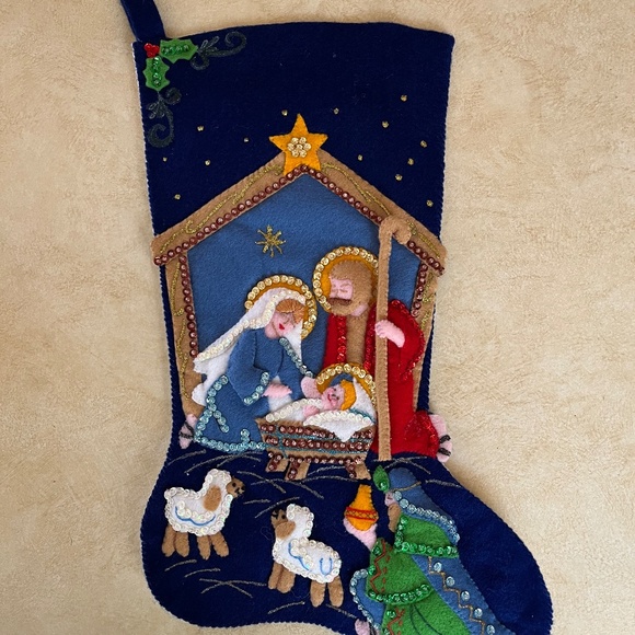 Bucilla Christmas Holy Nativity Felt Stocking  #82825 1990 Finished Handmade New - Picture 1 of 3